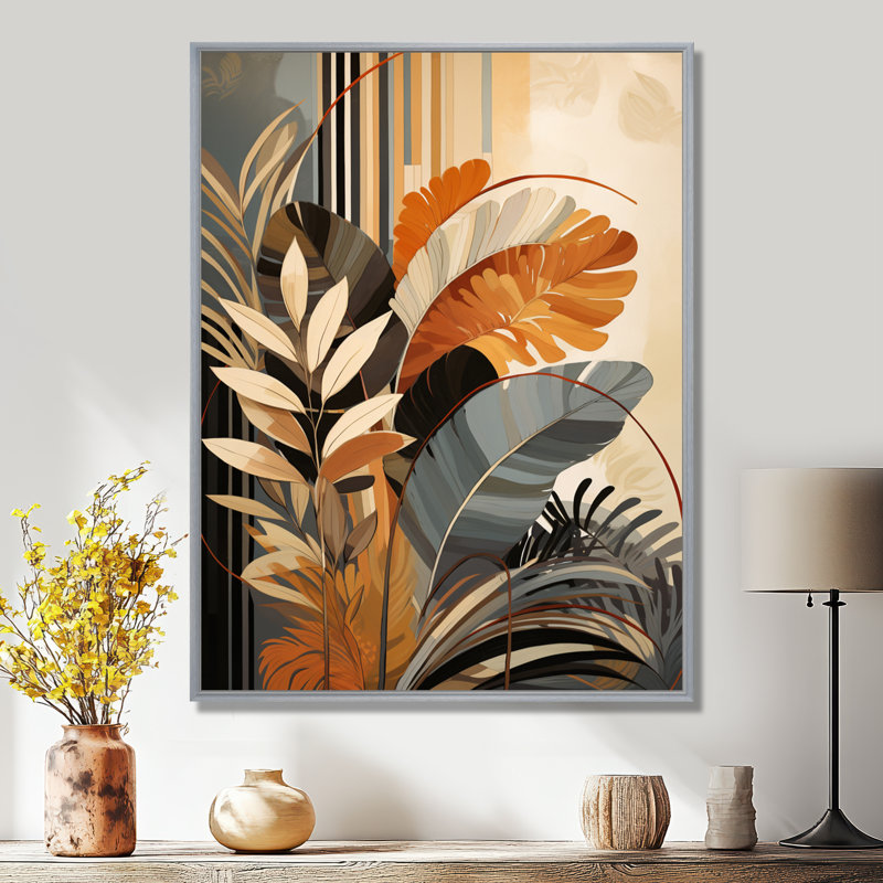 Funky Foliage In Terracotta Tons - Abstract Botanicals, art mural, H 20 po x l 12 po x P 1 po, Cadre argenté flottant