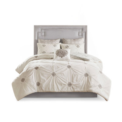 6 Piece Embroidered Cotton Reversible Comforter Set Ivory