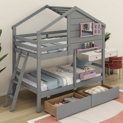 Aadvika Twin Over Twin Bunk Bed With 2 Drawers, 1 Storage Box, Shelf, Window And Roof -  Harper Orchard, 45BF2519E59B441BA3F30BDDF613B031