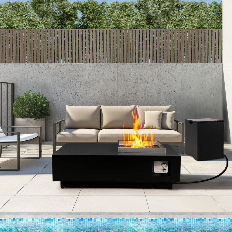 Table de foyer d'extérieur au propane de 48 po avec couvercle de réservoir, 2 pièces de table de foyer d'extérieur rectangulaire moderne en métal de 50 000 BTU pour patio et terrasse