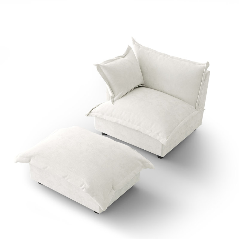 Plush Beige Upholstered Chenille Accent Chair with Oversized Cloud Cushions and Movable Ottoman, Beige