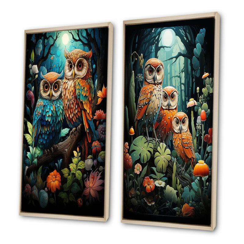 Native Owls - Gardiens de la forêt - Ensemble de 2 décorations murales animaux hiboux, Encadrement brun, H 28 po x l 25 po