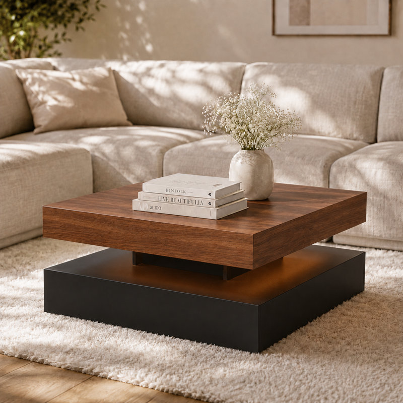 Table basse à DEL pour salon, table centrale carrée moderne à 2 niveaux avec lumières de synchro musicale, surface ultrabrillante, 30 3/4 po x 30 3/4 po