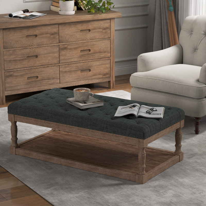 48" Wide Tufted Rectangle Cocktail Ottoman, Dark Gray, Vintage Brown