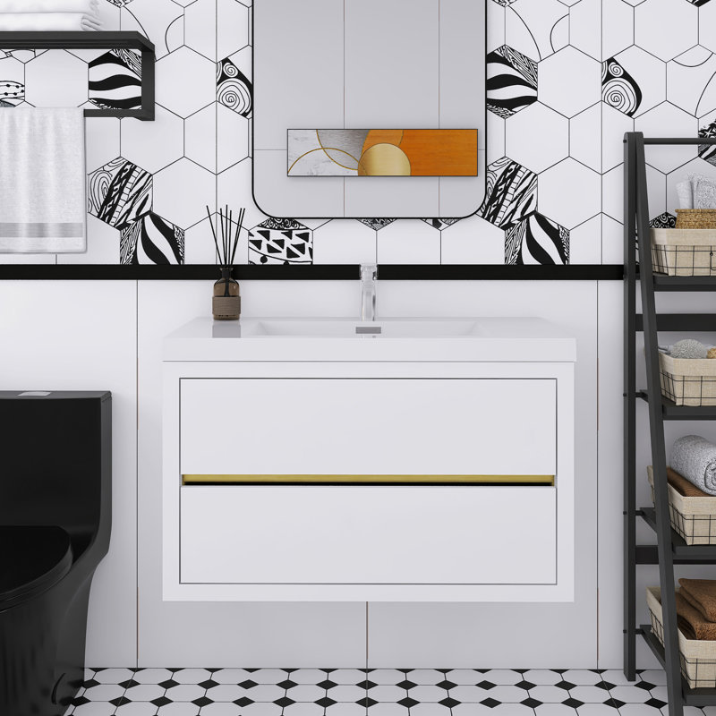 Meuble-lavabo mural blanc brillant avec comptoir en résine de pierre et tiroirs à fermeture en douceur, Blanc, 36"
