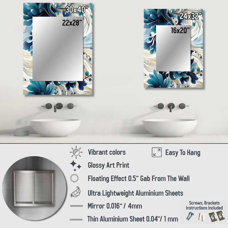 Adalberta Maritime Blues Nautical Flower Pattern - Cottage Decorative Mirror, Floral, Botanical Wall Mirror, Printed Metal Art