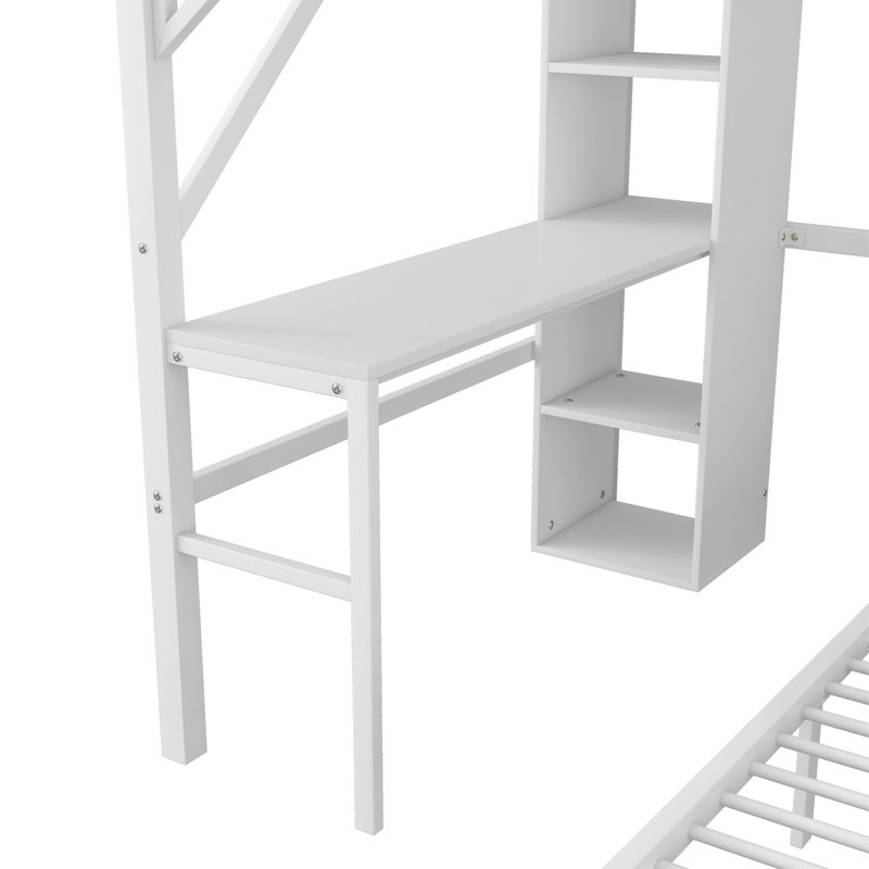 Lit double superposé au dessus d'un lit double avec bureau avec DEL, Blanc