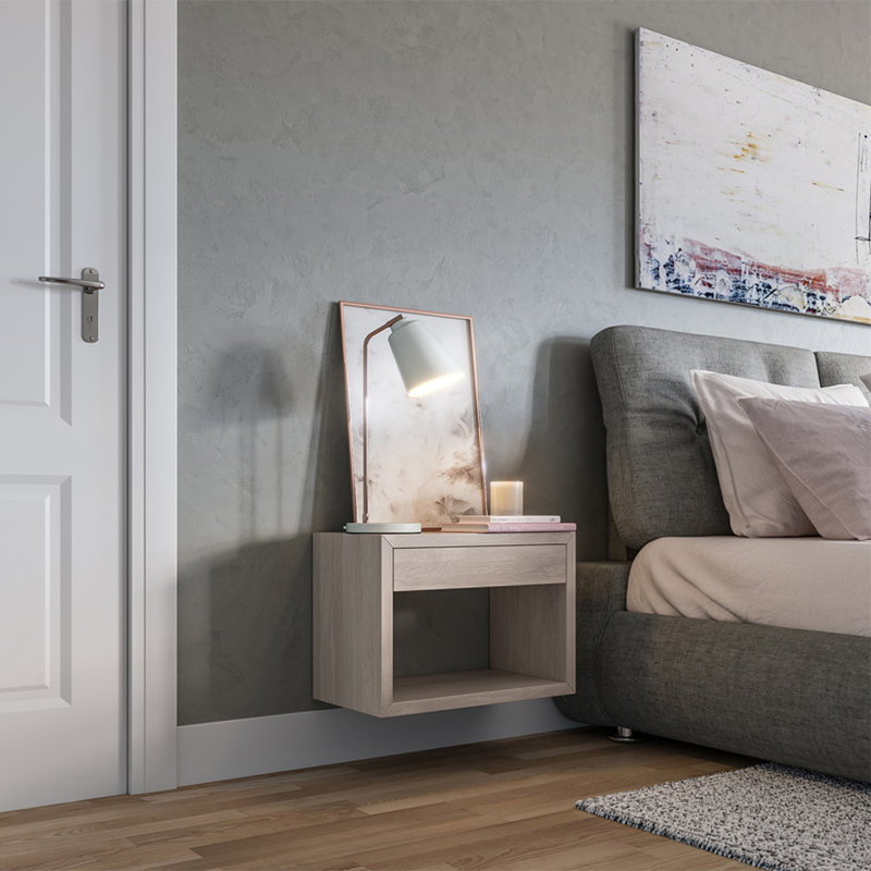 Solid Wood Floating Nightstand with Drawer | Bedroom Scandinavian Furniture, Bedside Table, Whitewash