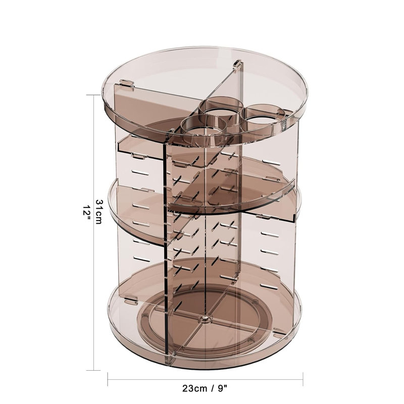 Organisateur de maquillage rotatif, rangement de soins de la peau rotatif à 8 niveaux ajustables, présentoir cosmétique avec porte-pinceaux et plateau de parfum, couleur café transparent