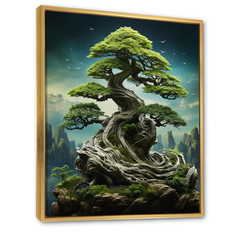 Art asiatique, sagesse bonsaï II, H 40 po x l 30 po x P 1,5 po, Toile avec cadre flottant or