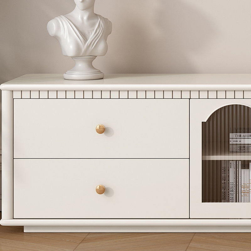 Meuble télé en bois massif de style français, H 17,71 po x L 70,86 po x l 15,74 po, Crème