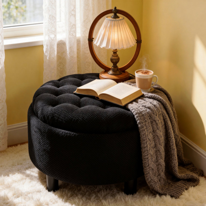 Repose-pieds de rangement rond 25 "avec plateau, capitonné - noir, Black