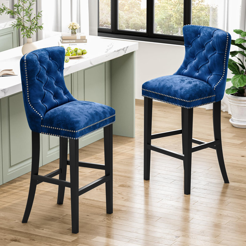 Vintage Velvet Bar Stools Set of 2, Blue, Black
