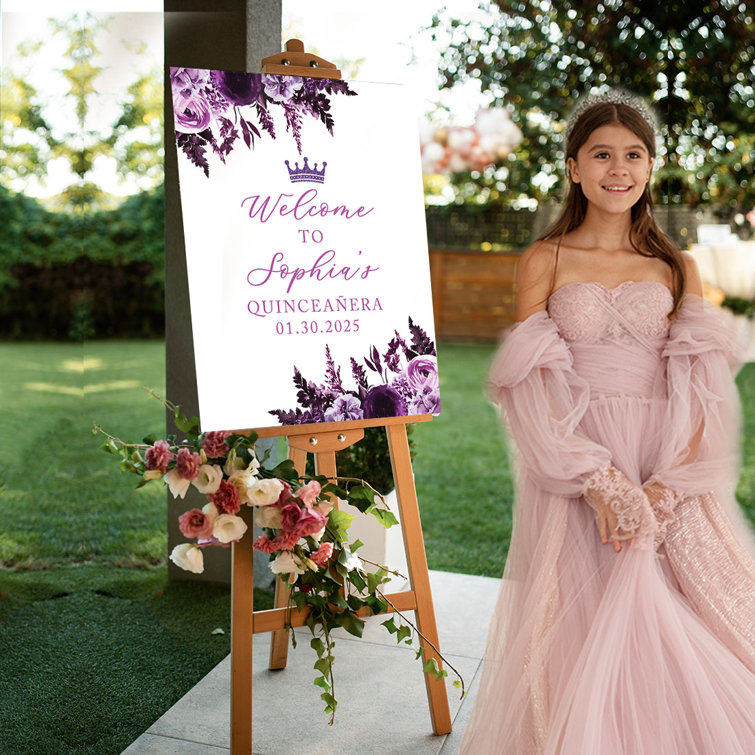 Large Custom Quinceañera Welcome Sign, Purple Florals with Crown, Quince Decorations, 16 x 20 1-Pk Koyal Wholesale