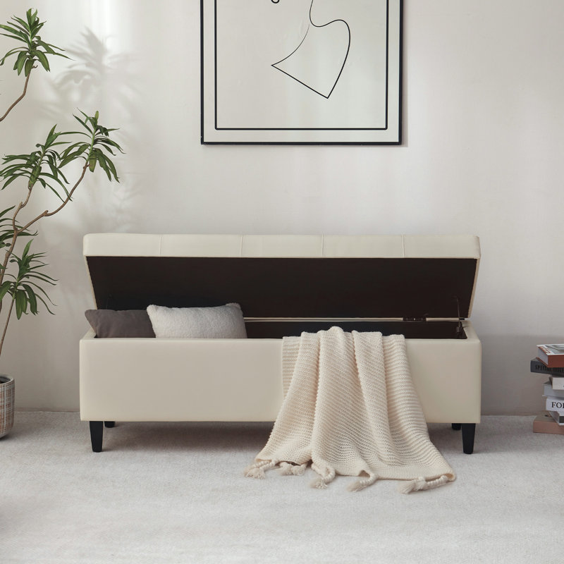 50.5‘ Wide Tufted Faux Leather Upholstered Storage Bench, White