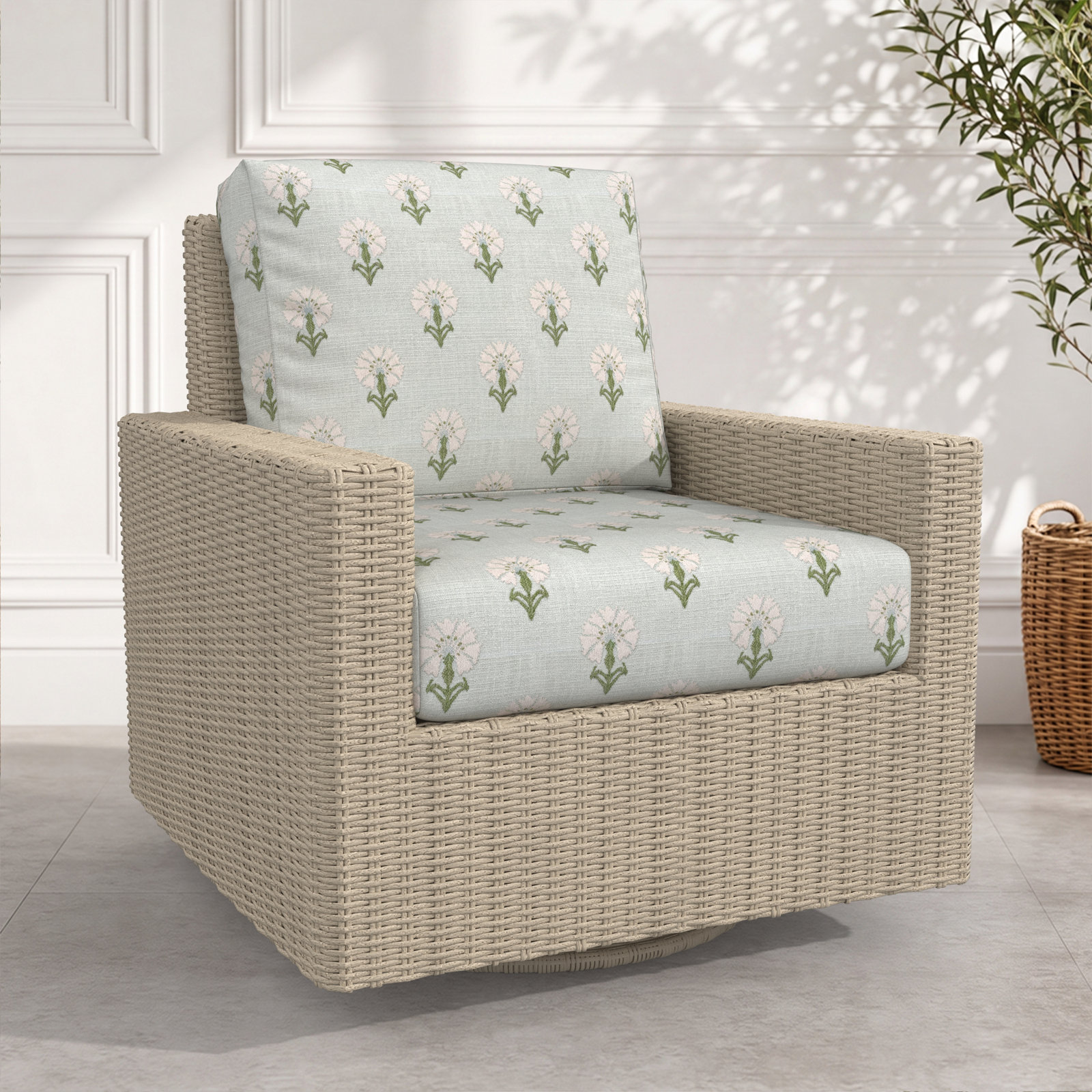 Hayes Sunbrella® Swivel Patio Lounge Chair, Floral, Sunbrella® Mira Bluebell