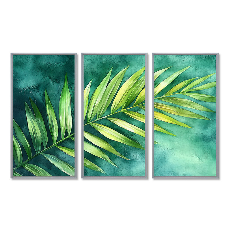 «Green Tropical Safari Palms IV», ensemble de 3 palmiers, H 28 po x l 36 po, Impression encadrée sans passe-partout