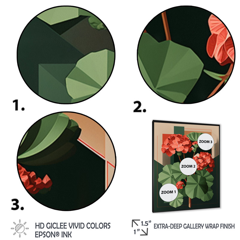 «Geranium florissant en couleurs rétro III», art mural sur toile florale, Cadre photo noir, L 16 po x H 32 po