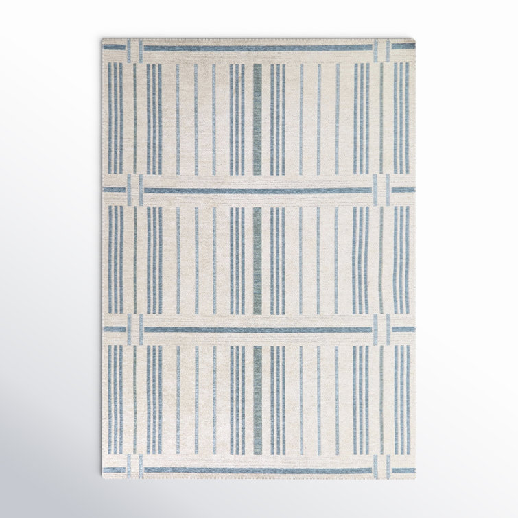 Rectangle Claudina Striped Machine Woven Recycled P.E.T. Area Rug in Blue/Ivory