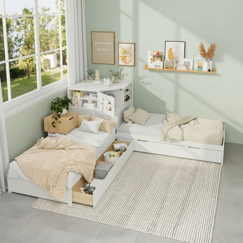 Structure de lit simple en L avec lit gigogne et tiroir en forme de L, lit plateforme en coin bas 3-en-1 lié avec bureau intégré et éclairage vers le bas à DEL, blanc