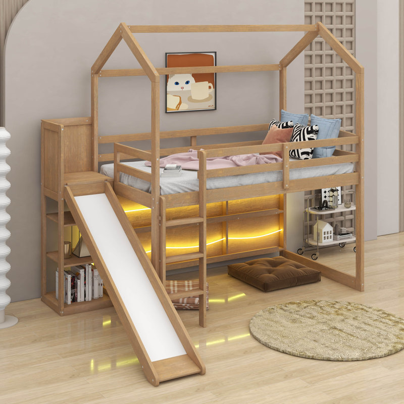 Twin Size Wood House Loft Bed With Shelves And Light, Wood