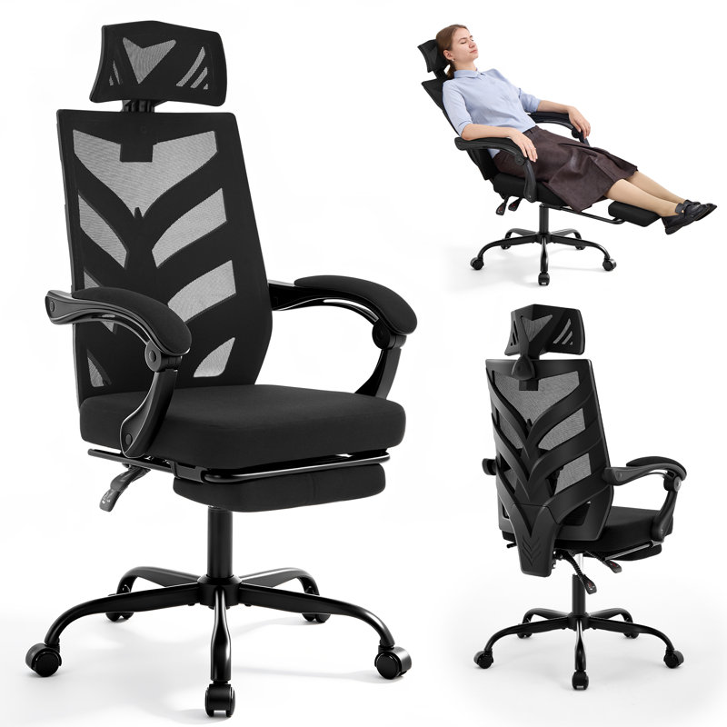 Chaise de bureau ergonomique en maille avec accoudoirs articulés, repose-pieds et assise intégrée, idéale pour le bureau, la maison ou les études.