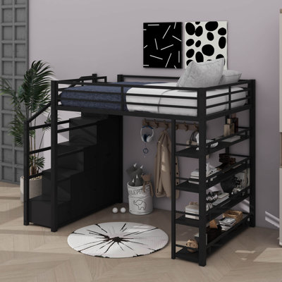 Full-Size Metal Loft Bed, Outfitted With Storage Racks, Cabinets, And A Wardrobe