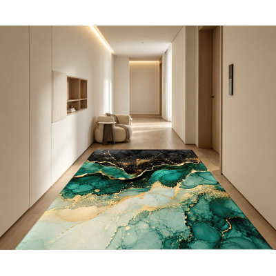 Velvet Non‑Slip Area Rug, Emerald Marble Abstract Ink‑Wash Pattern, Machine Washable, Decorative Floor Carpet, Stylish Indoor Home Decor for Living Room, Bedroom, Entryway, Front Door, Kitchen, Balcony, Apartment