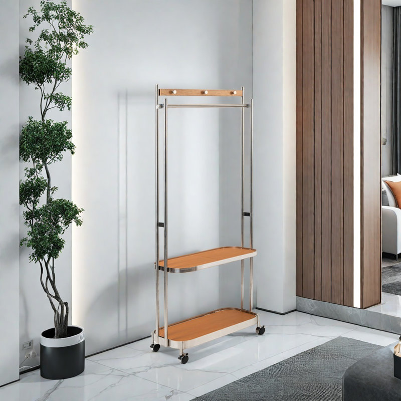Coat Rack with Leather Basket, Brown