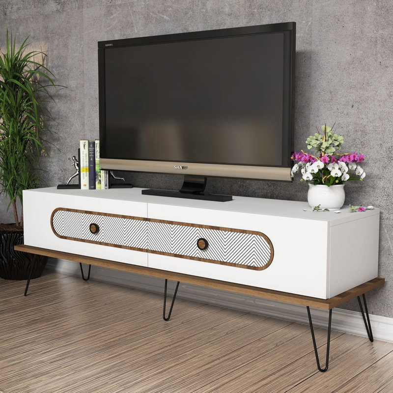 Meuble télé moderne blanc avec pieds en métal 57,1 po x 17,7 po x 15,7 po | 100% panneau de particules enduit de mélamine, épaisseur: 0,7 pouce | Comprend plusieurs tablettes et une conception murale, aspect géométrique élégant pour les espaces contemporains