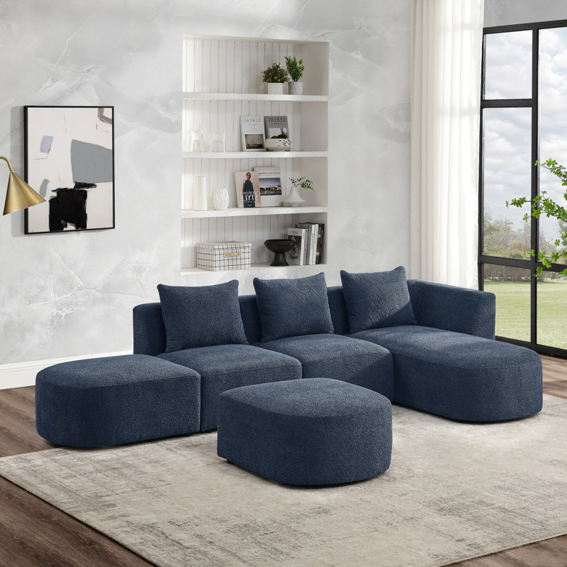Canapé modulaire en forme de L comprenant deux sièges simples, une méridienne à gauche et deux repose-pieds, un canapé modulaire, une combinaison de bricolage et un tissu à boucles