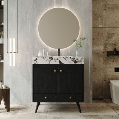 Contemporary Free-Standing Bathroom Vanity With Faux Marble Top & Ceramic Sink, 30" Double Door Storage Cabinet, Waterproof Engineered Wood