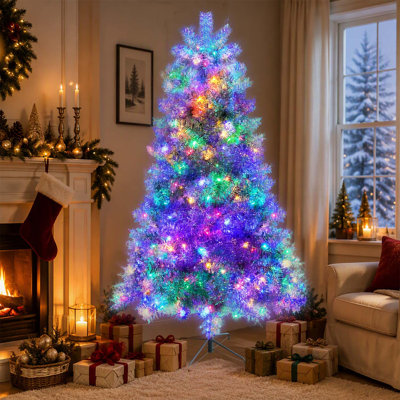 7.4FT Silver Pre-Lit Artificial Christmas Tree with 1200 Branch Tips, 400 LED Lights, and 11 Lighting Modes for Indoor and Outdoor Decor