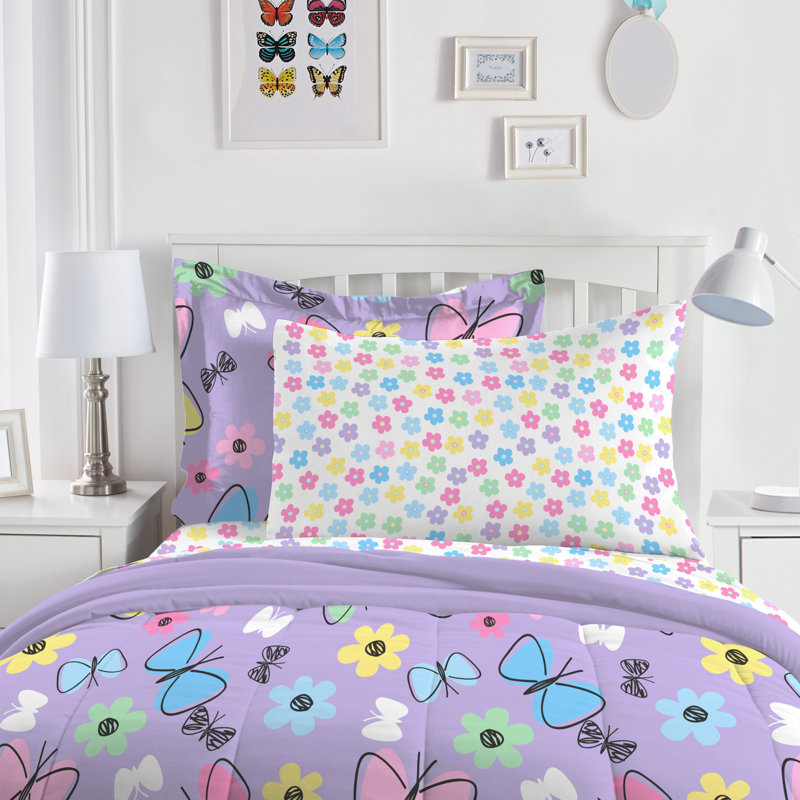Purple Microfiber Twin Girls' Reversible Bed in a Bag Set