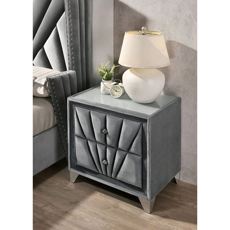 Table de chevet, table de chevet rembourrée en tissu avec 2 tiroirs