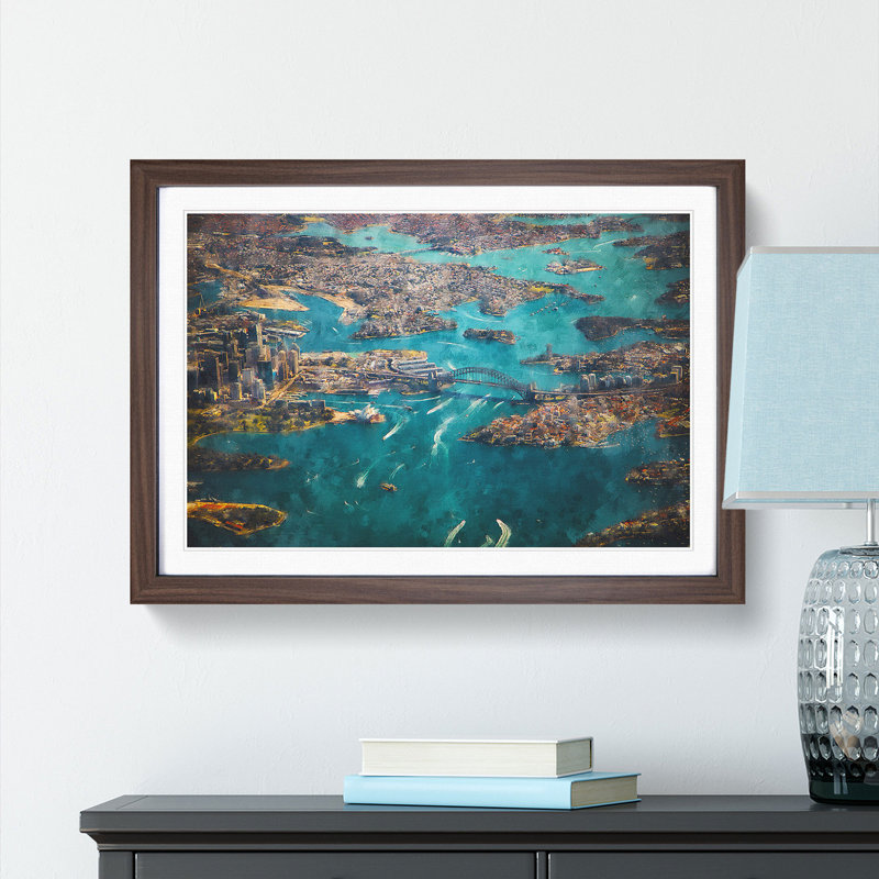 Birds Eye View Of Sydney Australia Painting - Single Picture Frame Print on MDF, Walnut, 33cm H x 45cm W x 2cm D