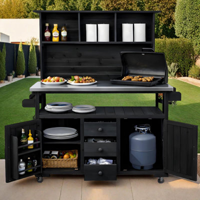 Grand banc de rempotage de jardin 65 po avec roulettes, plateau en acier inoxydable, tiroirs, tablettes de porte et huche