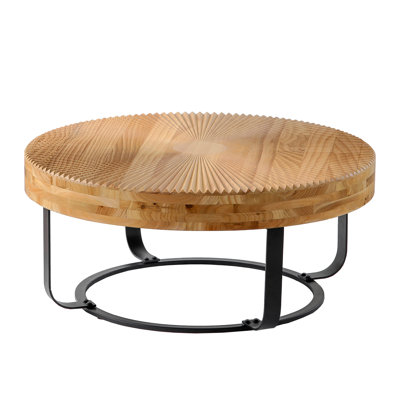 Modern Round Coffee Table Wooden Carving Pattern Coffee Table With Metal Legs For Living Room Reception Room Office ,Black