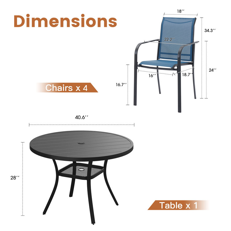 Round 4 - Person Outdoor Dining Set with 4 Stackable PVC-coated polyester Armrest Chairs, Black/Navy