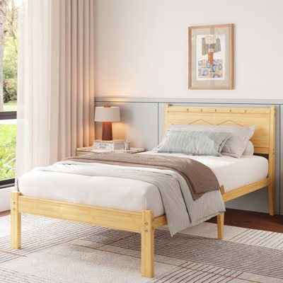 Structure de lit simple en bambou naturel de 14 pouces, lit plateforme robuste de style moderne de ton chaud avec tête de lit inclinée ergonomique à 98 °, sans grincement, aucun sommier tapissier requis