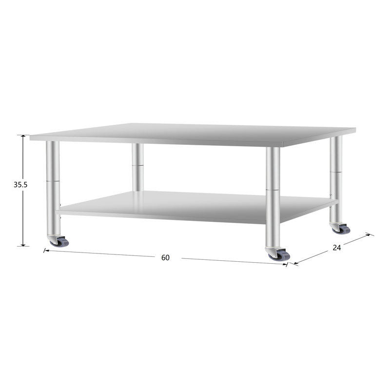 Table de travail de 60 po x 24 po en acier inoxydable avec tablette inférieure et roulettes, hauteur de 35,5 po pour le service de cuisine à domicile