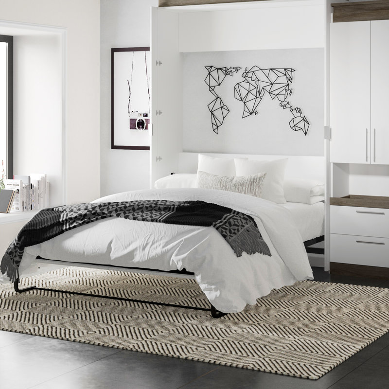 Camalla Murphy Bed and Storage Cabinet with Pull-Out Shelf, White, Queen