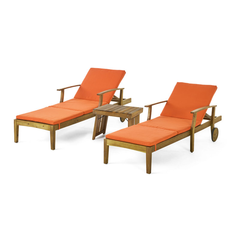 Sonntag Outdoor Acacia Wood Chaise Lounge with Table , Cushion Included, Orange