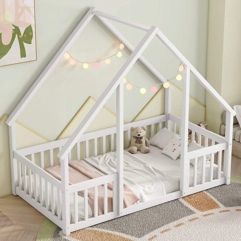 Twin Wood House-Shaped Floor Bed With Fence, Guardrails, Twin, White