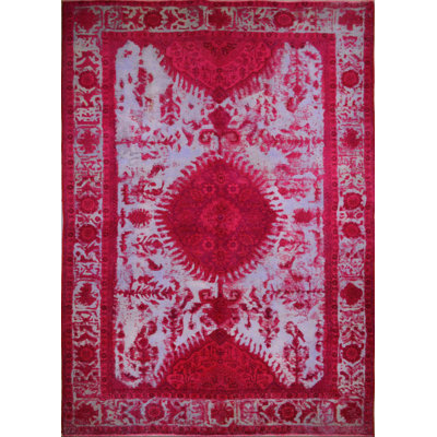 Tapis décoratif en laine noué à la main de conception unique 6 pi 6 po x 9 pi 4 po noué à la main rose Saz