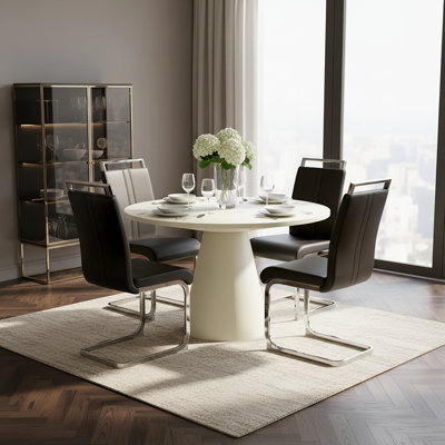 Eden Mid-Century Modern 5-Piece Dining Set With Faux Leather Chairs And Round Wood Table