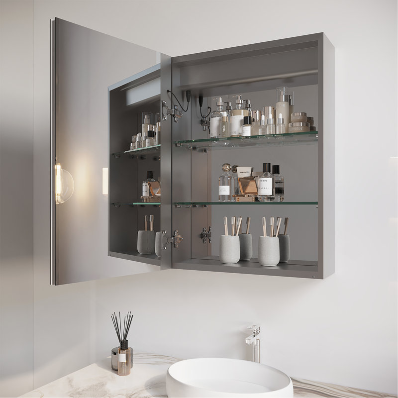 Armoire de salle de bain 26 po x 20 po avec miroir à DEL, anti-buée, imperméable, armoire de salle de bain lumineuse à porte simple 3000K ~ 6000K avec interrupteur tactile, à intensité variable, encastrée ou à fixation en surface (porte de gauche)