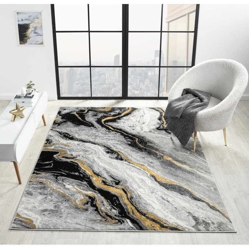 Nason Collection Abstract Grey/Gold Area Rug,, Rectangle 7'5" x 11'1"
