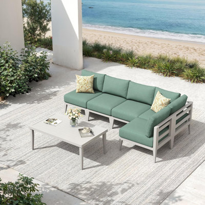 Ensemble de meubles de patio extérieur en aluminium 6 pièces, canapé modulaire surdimensionné avec siège d'angle et table basse, ensemble de conversation toutes saisons pour cour, terrasse, porche ou balcon, blanc
