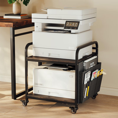 2-Tier Large Under Desk Printer Stand with Storage, Printer Table with Height Adjustable Shelf & Charging Plug, Rolling Cart with Wheels for Home Office